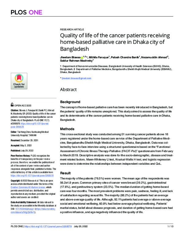 (PDF) Quality of life of the cancer patients receiving home-based ...