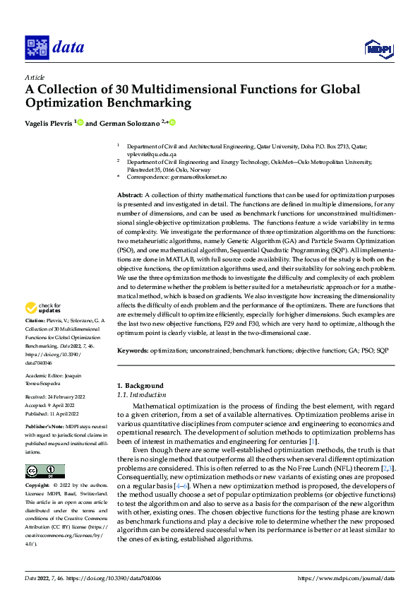 (PDF) A Collection of 30 Multidimensional Functions for Global ...