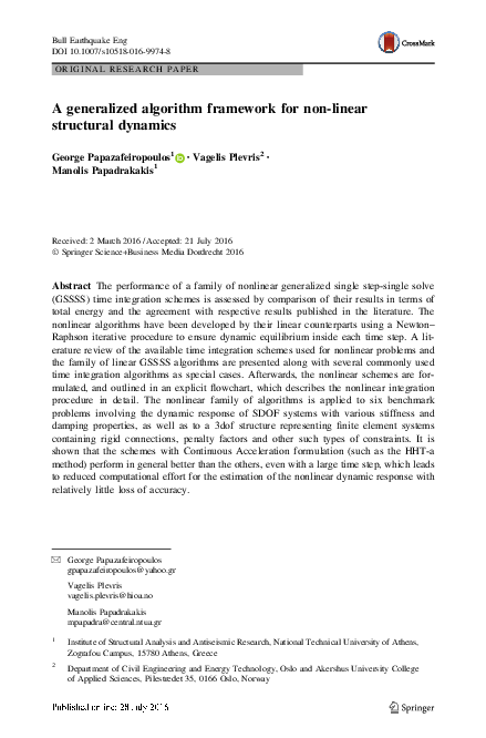 (PDF) A generalized algorithm framework for non-linear structural dynamics