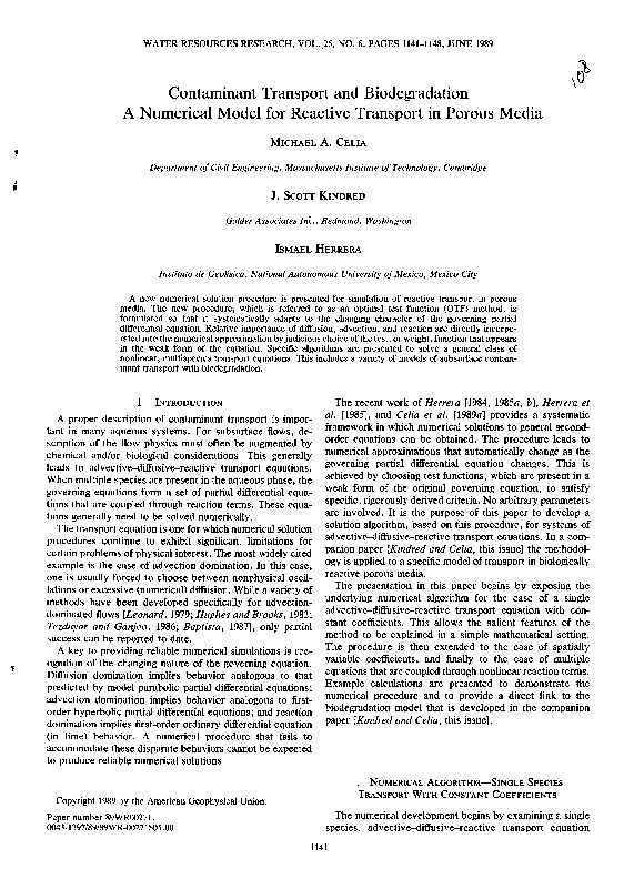 (PDF) Contaminant transport and biodegradation: 1. A numerical model ...