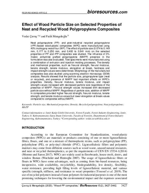 (PDF) Effect of wood particle size on selected properties of neat and ...