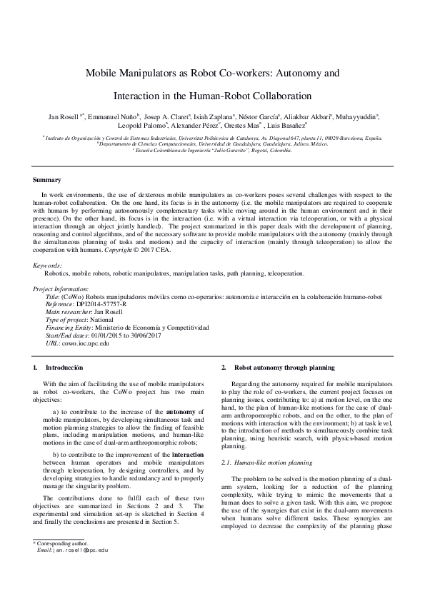 (PDF) Mobile manipulators as robot co-workers: autonomy and interaction ...