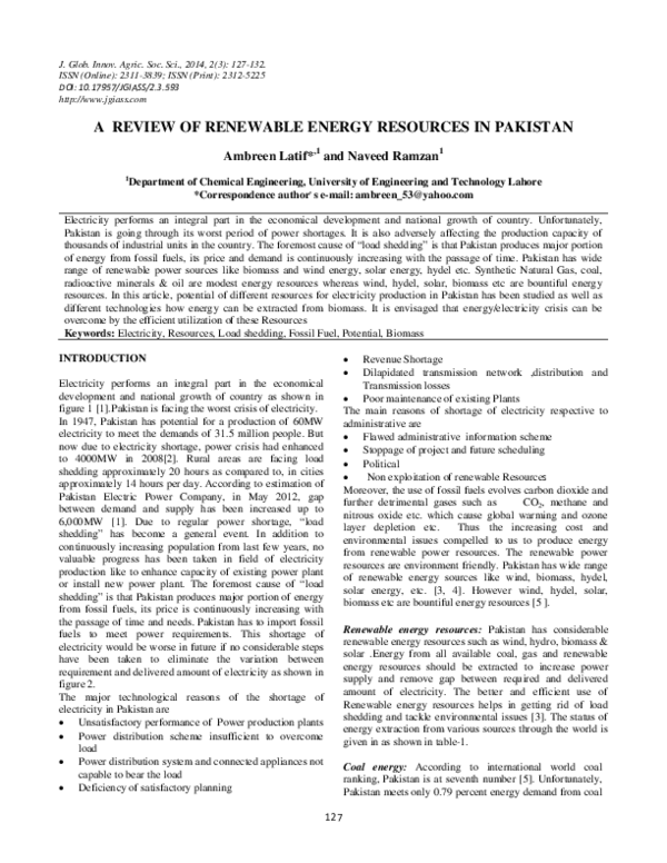(PDF) A Review of Renewable Energy Resources in Pakistan