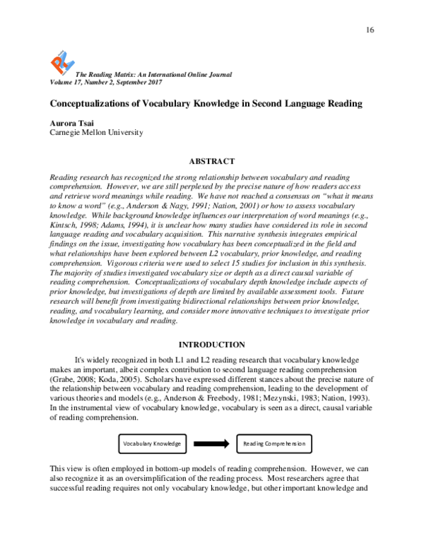 (PDF) Conceptualizations of Vocabulary Knowledge in Second Language Reading