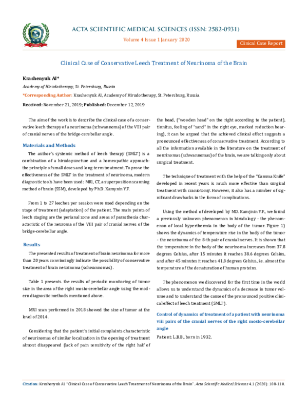 (PDF) Clinical Case of Conservative Leech Treatment of Neurinoma of the ...