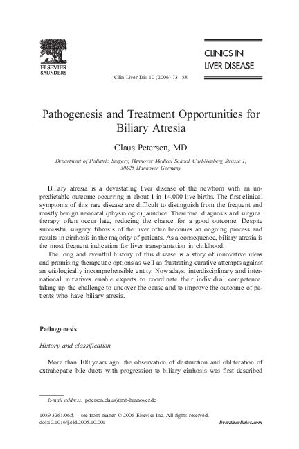 (PDF) Pathogenesis and treatment opportunities for biliary atresia