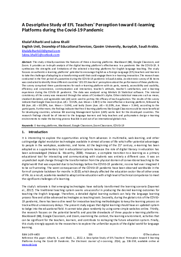 (PDF) Descriptive Study of EFL Teachers’ Perception toward E-learning ...
