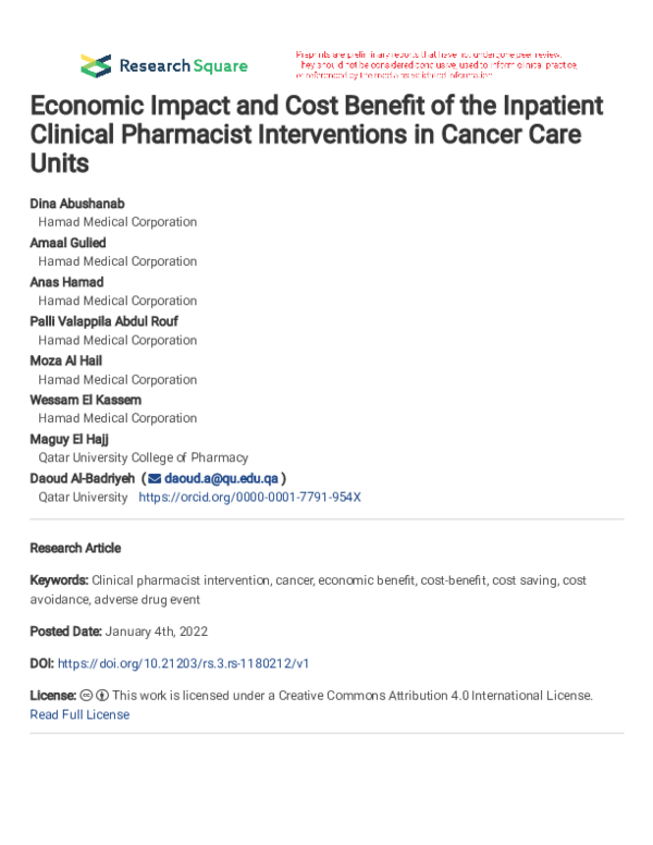 (PDF) Economic Impact and Cost Benefit of the Inpatient Clinical ...