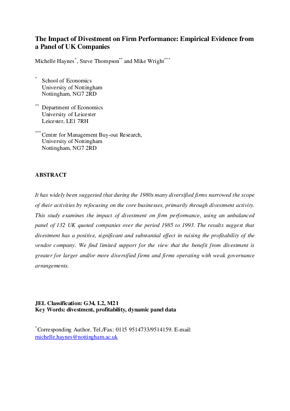 (PDF) The Impact of Divestment on Firm Performance: Empirical Evidence ...