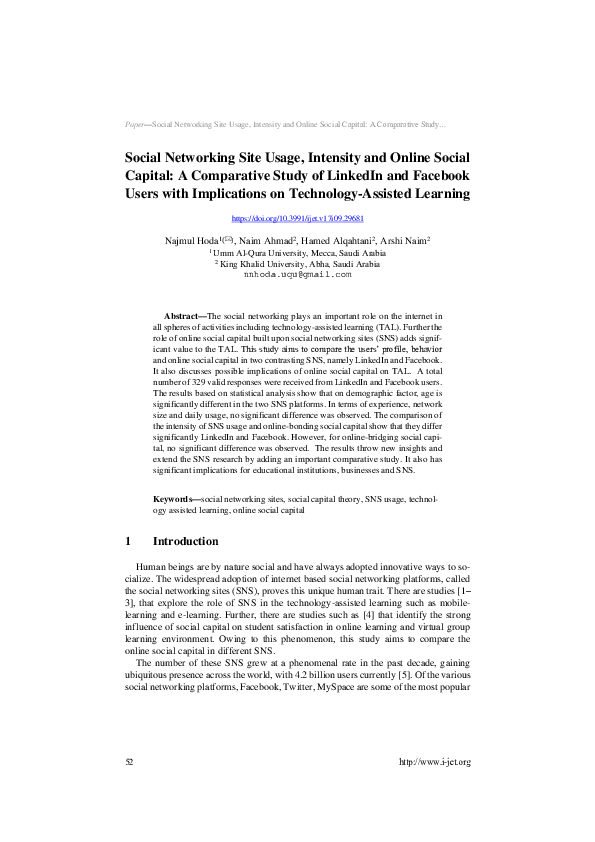 (PDF) Social Networking Site Usage, Intensity and Online Social Capital