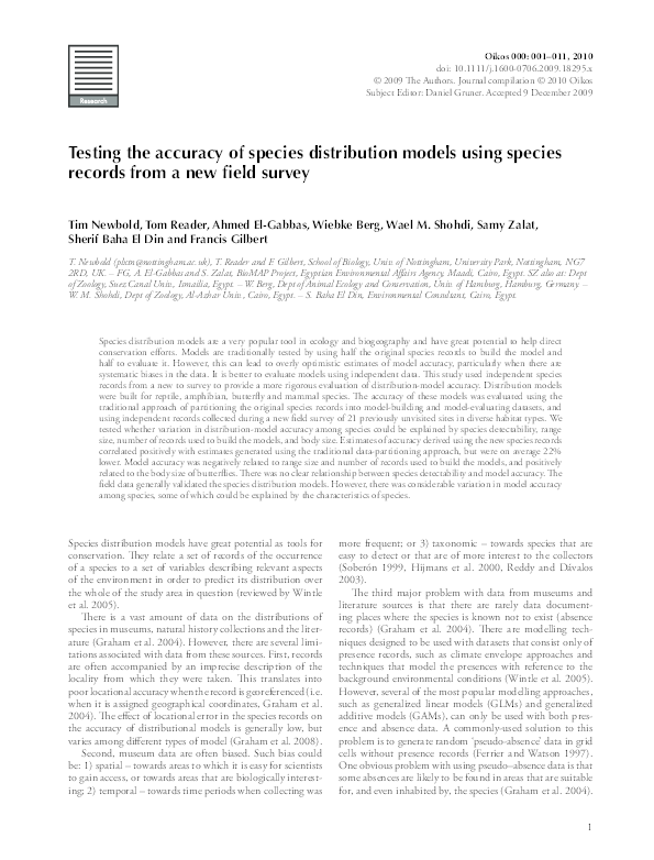(PDF) Testing the accuracy of species distribution models using species ...