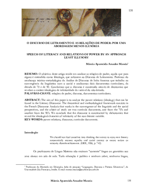  PDF O Discurso De Letramento E As Rela es De Poder Por Uma 