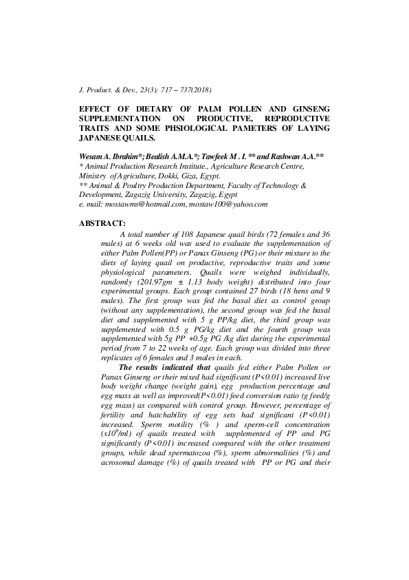 (PDF) Effect of Dietary of Palm Pollen and Ginseng Supplementation on ...