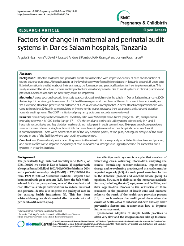 (PDF) Factors for change in maternal and perinatal audit systems in Dar ...