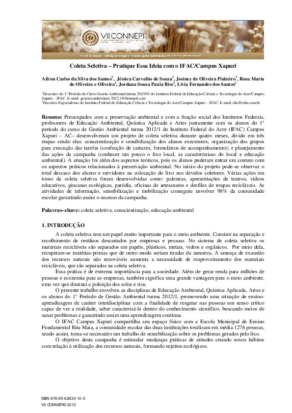 (PDF) Coleta Seletiva – Pratique essa Ideia com o IFAC/Campus Xapuri
