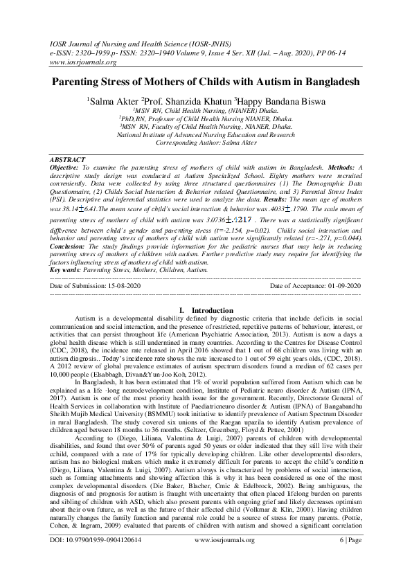 (PDF) Parenting Stress of Mothers of Childs with Autism in Bangladesh