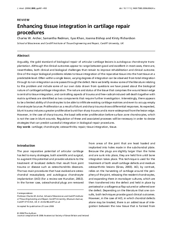 (PDF) Enhancing tissue integration in cartilage repair procedures