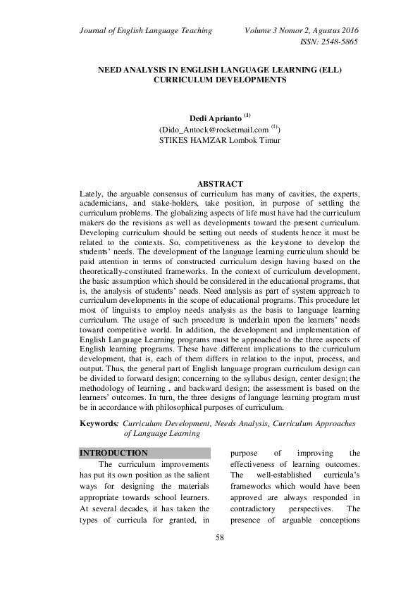 (PDF) Need Analysis in English Language Learning (Ell) Curriculum ...