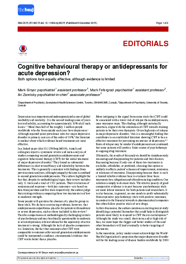 (PDF) Cognitive behavioural therapy or antidepressants for acute ...