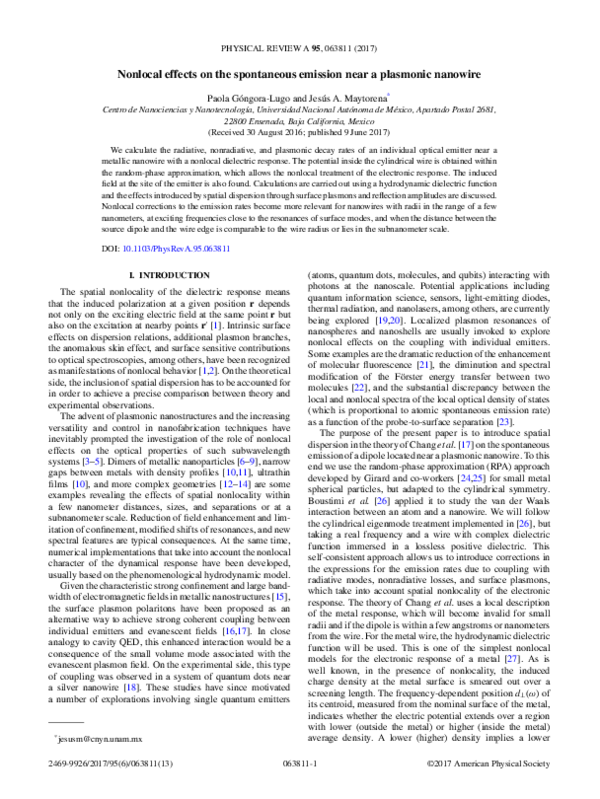 (PDF) Nonlocal effects on the spontaneous emission near a plasmonic ...