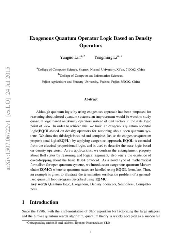 (PDF) Exogenous Quantum Operator Logic Based on Density Operators