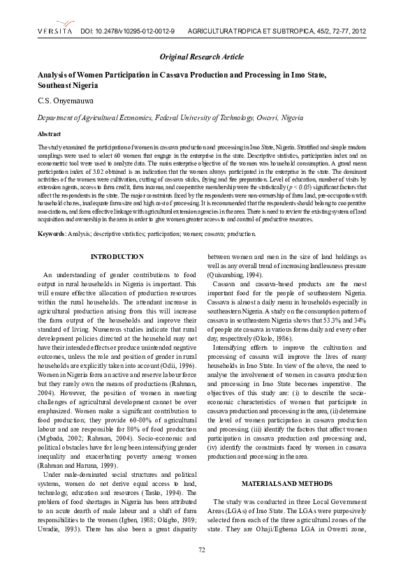 (PDF) Analysis of women participation in cassava production and ...
