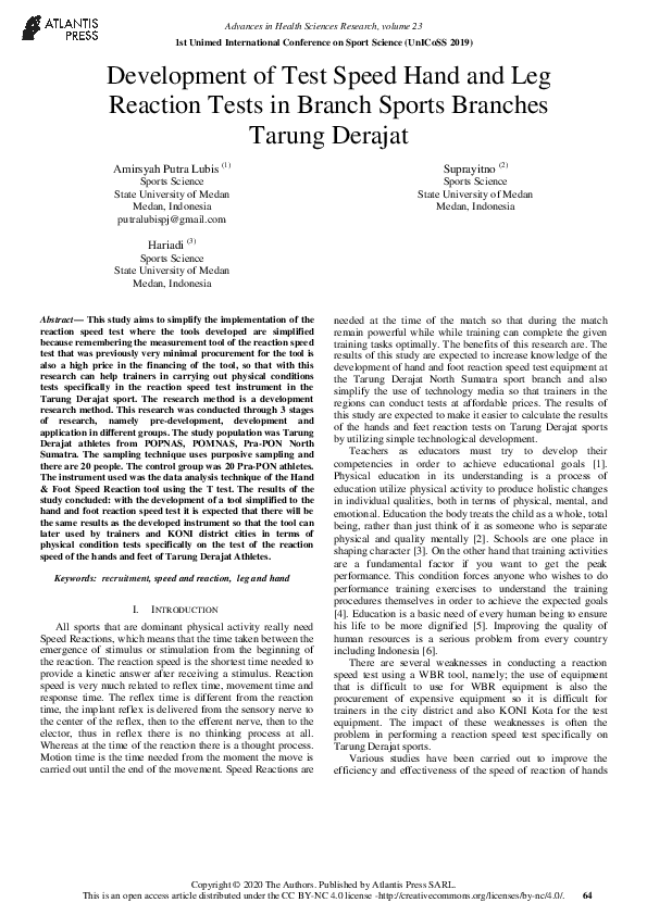 (PDF) Development of Test Speed Hand and Leg Reaction Tests in Branch ...