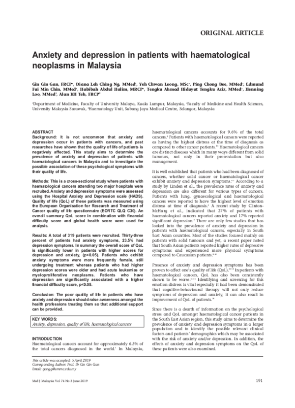 (PDF) Anxiety and depression in patients with haematologicalneoplasms ...