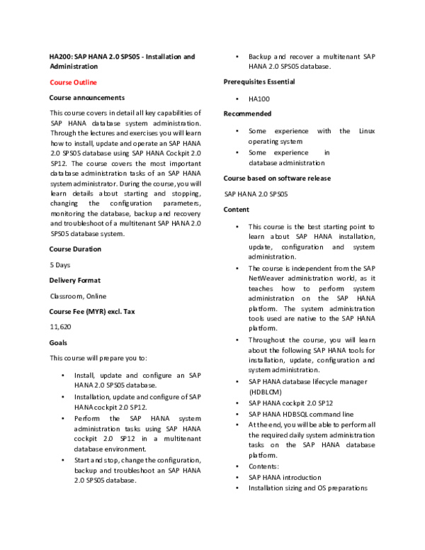 (PDF) HA200 SAP HANA 2.0 SPS05 Installation and Administration Jose