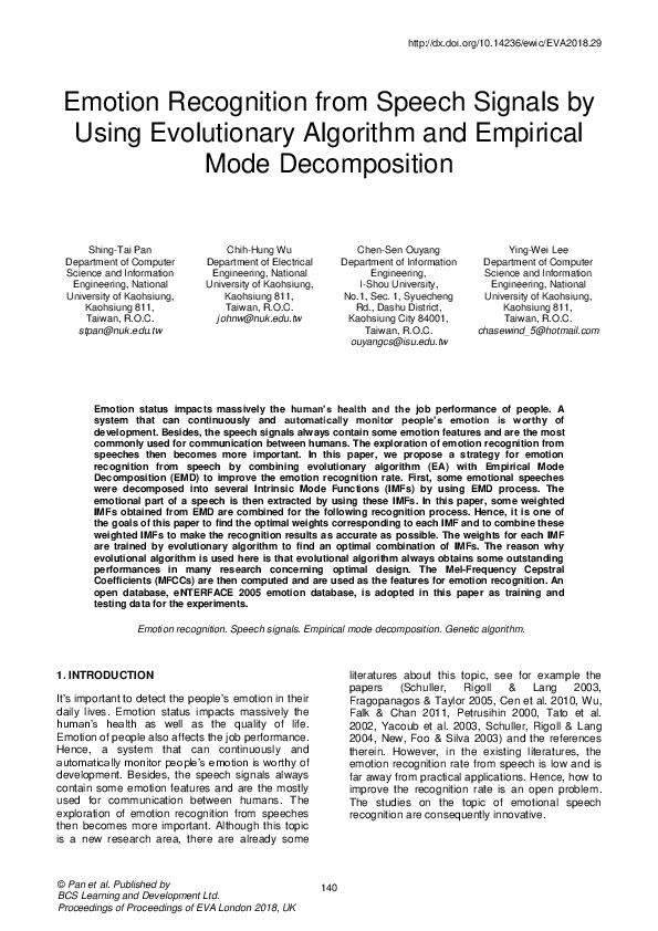 (PDF) Emotion Recognition from Speech Signals by Using Evolutionary ...