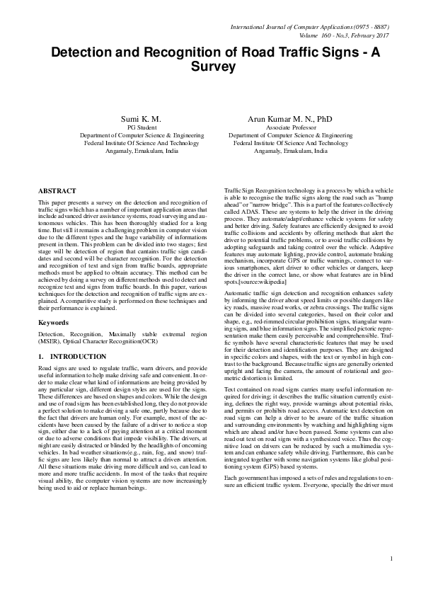 (PDF) Detection and Recognition of Road Traffic Signs - A Survey
