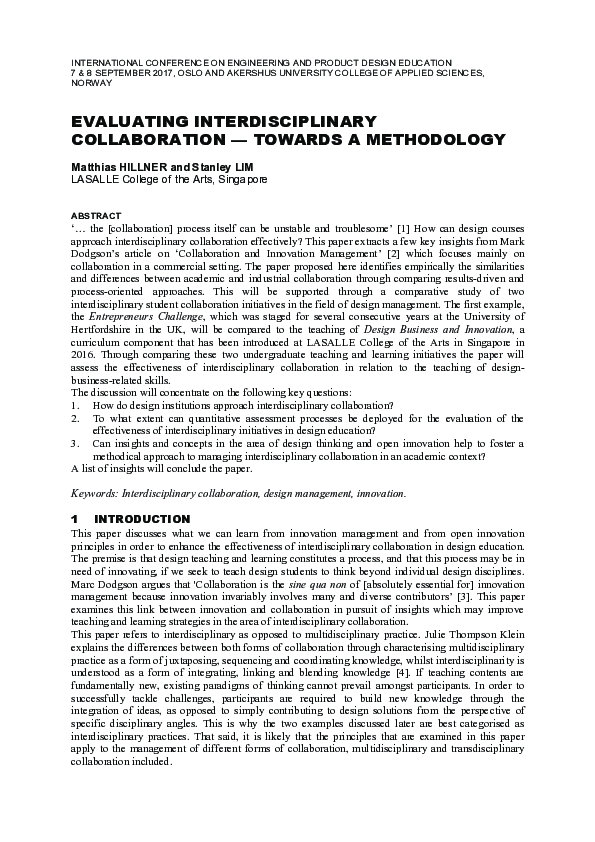 (PDF) Evaluating Interdisciplinary Collaboration — Towards a Methodology
