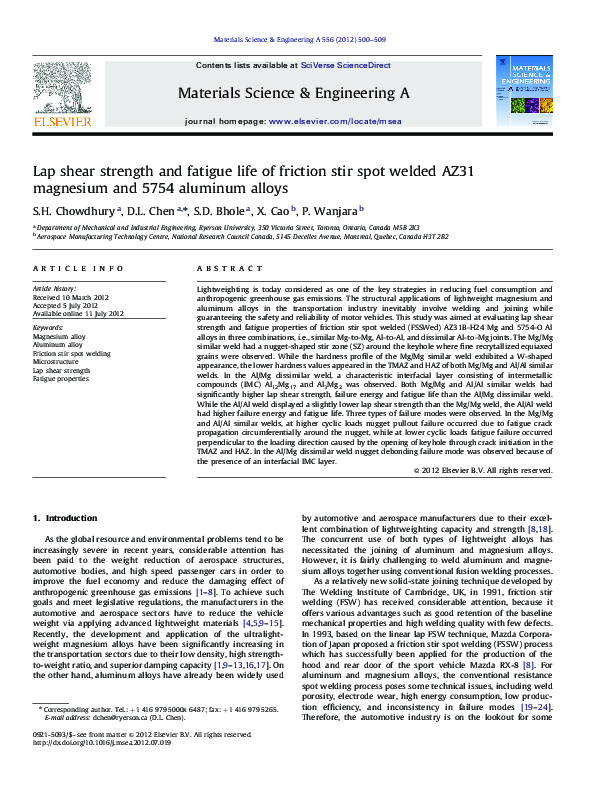 (PDF) Lap shear strength and fatigue life of friction stir spot welded ...