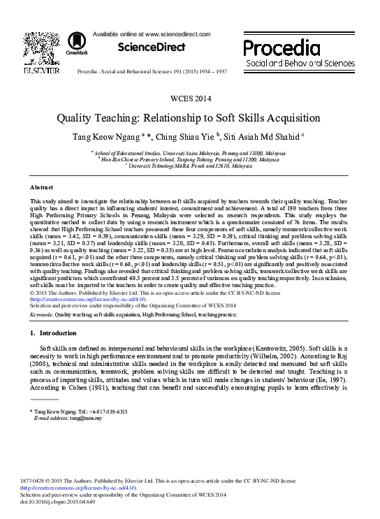 (PDF) Quality Teaching: Relationship to Soft Skills Acquisition