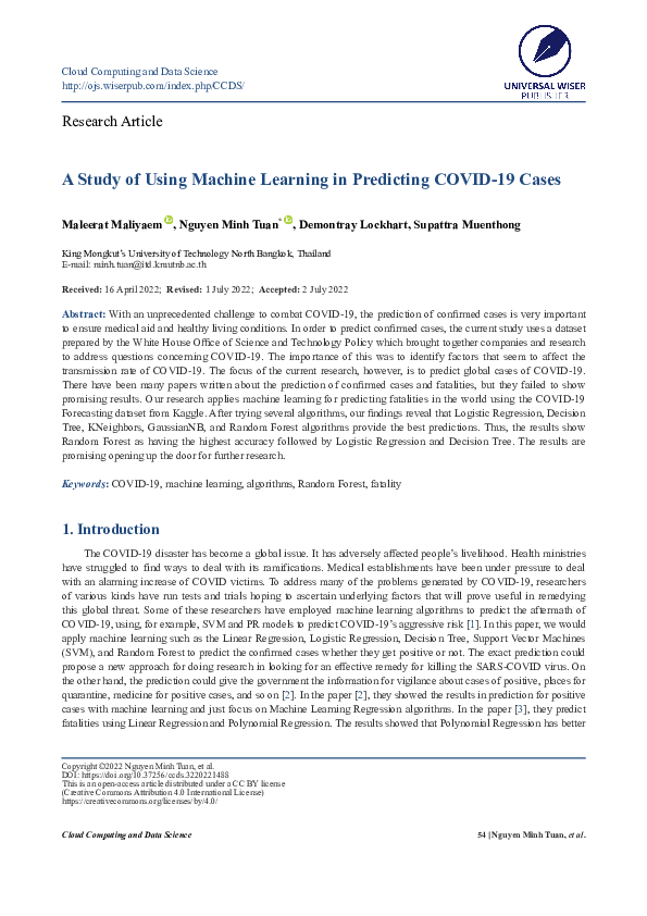 (PDF) A Study of Using Machine Learning in Predicting COVID-19 Cases