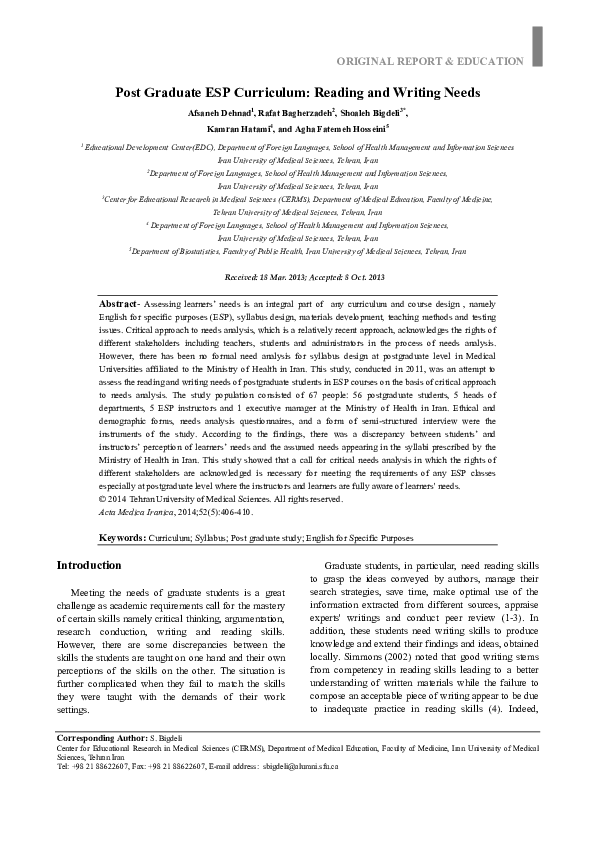 (PDF) ORIGINAL REPORT & EDUCATION Post Graduate ESP Curriculum: Reading ...