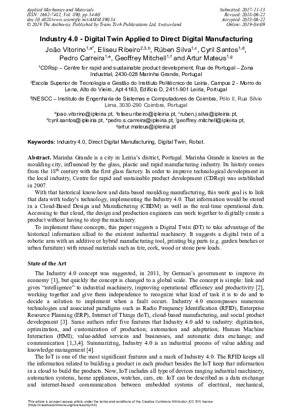 (PDF) Industry 4.0 - Digital Twin Applied to Direct Digital Manufacturing