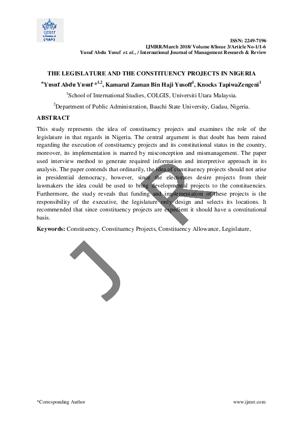(PDF) The legislature and the constituency projects in Nigeria