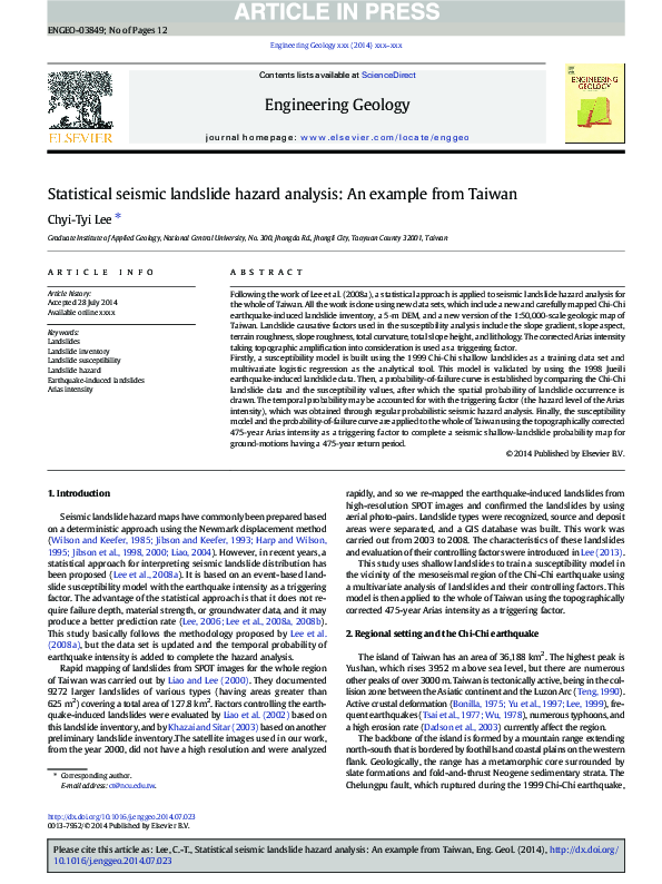 (PDF) Statistical seismic landslide hazard analysis: An example from Taiwan