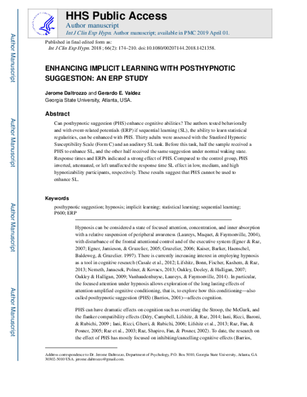 (PDF) ENHANCING IMPLICIT LEARNING WITH POSTHYPNOTIC SUGGESTION: An ERP ...