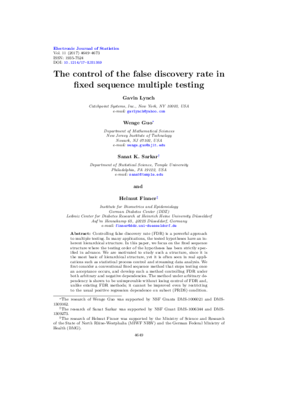 (PDF) The control of the false discovery rate in fixed sequence ...