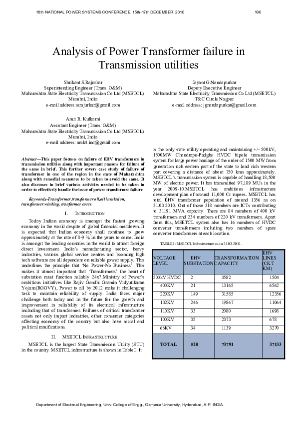 (PDF) Analysis of Power Transformer failure in Transmission utilities