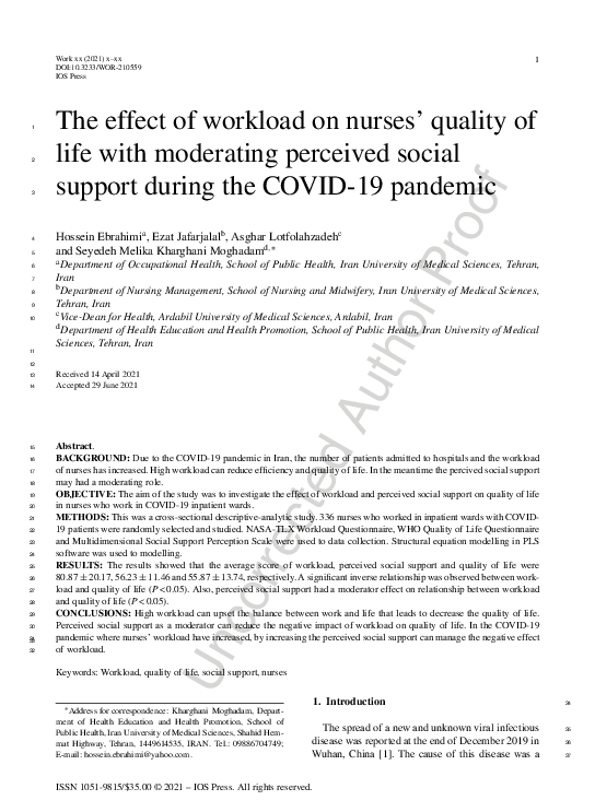 (PDF) The effect of workload on nurses’ quality of life with moderating ...