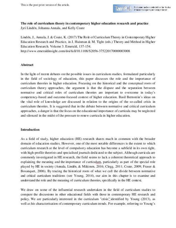 (PDF) The Role of Curriculum Theory in Contemporary Higher Education Research and Practice