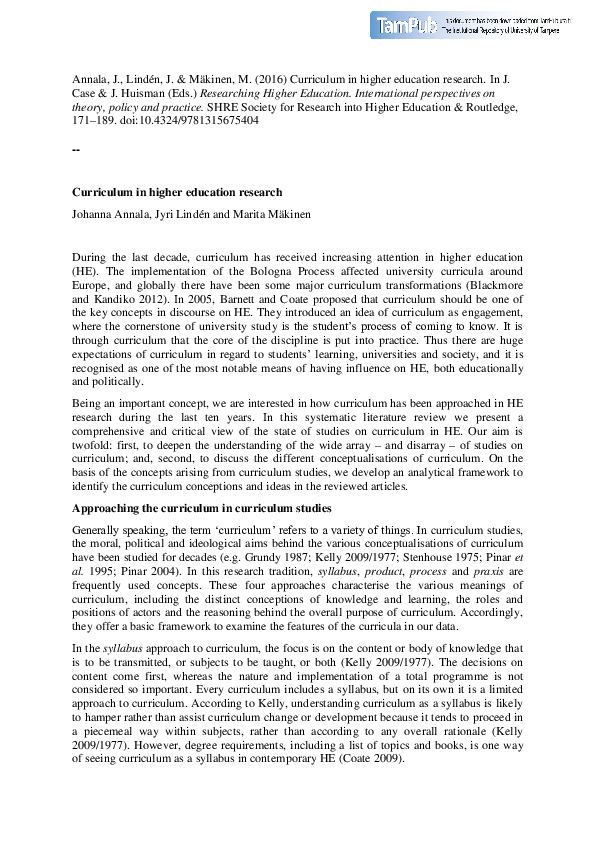 (PDF) Curriculum in higher education research Jyri Lindén Academia.edu