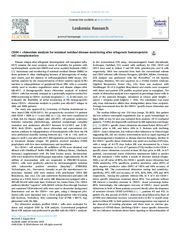 (PDF) CD34+ chimerism analysis for minimal residual disease monitoring ...