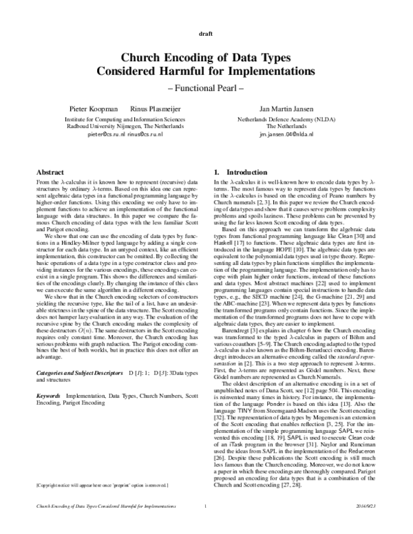 (PDF) Church Encoding of Data Types Considered Harmful for Implementations