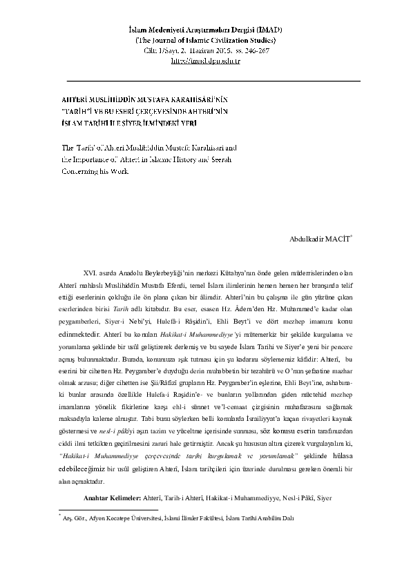 (PDF) Ahterî Musli̇hi̇ddîn Mustafa Karahi̇sârî’Ni̇n “Tari̇h”İ Ve Bu ...