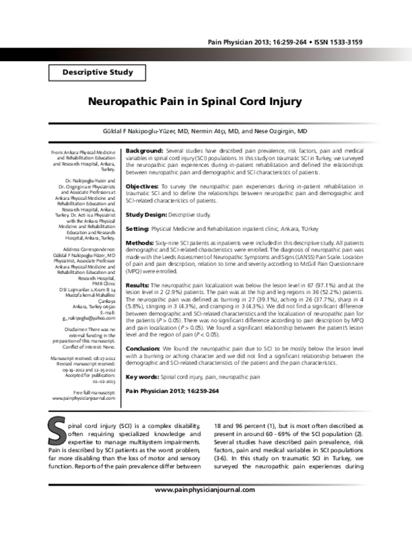 (PDF) Neuropathic Pain in Spinal Cord Injury