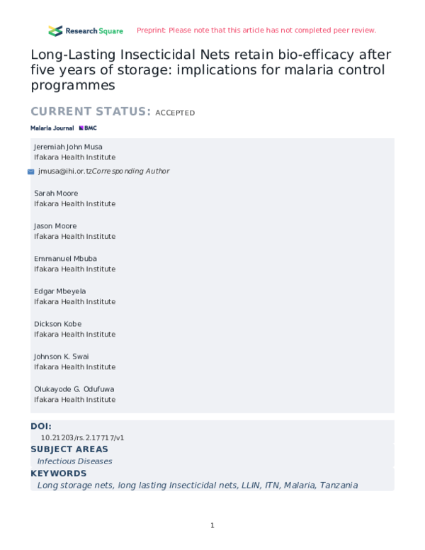 (PDF) Long-Lasting Insecticidal Nets retain bio-efficacy after five ...